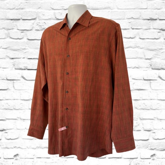 Tommy Bahama Silk Wool Shirt L Burnt Orange Plaid Embroidered Floral Details - Picture 4 of 10